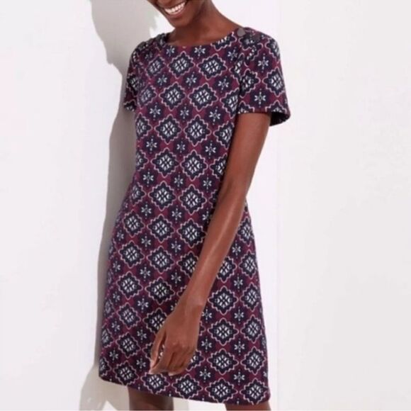Loft Burgundy Medallion Jacquard Dress Size Medium - Picture 1 of 6